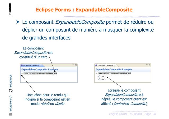 30
Eclipse Forms - M. Baron - Page
mickael-baron.fr mickaelbaron
Eclipse Forms : ExpandableComposite
 Le composant ExpandableComposite permet de réduire ou
déplier un composant de manière à masquer la complexité
de grandes interfaces
Le composant
ExpandableComposite est
constitué d’un titre
Une icône pour le rendu qui
indique si le composant est en
mode réduit ou déplié
Lorsque le composant
ExpandableComposite est
déplié, le composant client est
affiché (Control ou Composite)
