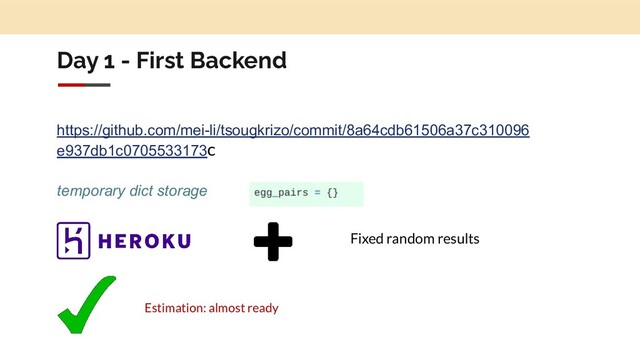 Day 1 - First Backend
https://github.com/mei-li/tsougkrizo/commit/8a64cdb61506a37c310096
e937db1c0705533173c
Estimation: almost ready
Fixed random results
temporary dict storage
