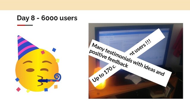 Day 8 - 6000 users
Up to 170 concurrent users !!!
Many testimonials with ideas and
positive feedback
