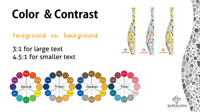Color & Contrast
foreground vs. background
3:1 for large text
4.5:1 for smaller text
