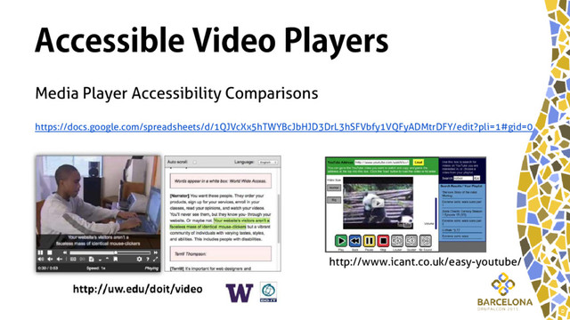 Accessible Video Players
https://docs.google.com/spreadsheets/d/1QJVcXx5hTWYBcJbHJD3DrL3hSFVbfy1VQFyADMtrDFY/edit?pli=1#gid=0
http://www.icant.co.uk/easy-youtube/
Media Player Accessibility Comparisons
