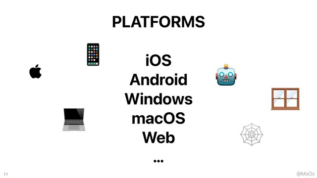 @MoOx
PLATFORMS


iOS


Android


Windows


macOS


Web


…
11
📱
💻
🪟
🪟
🤖
🕸

