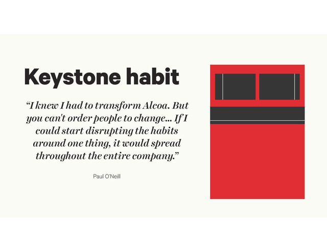 Keystone habit
“I knew I had to transform Alcoa. But
you can't order people to change… If I
could start disrupting the habits
around one thing, it would spread
throughout the entire company.
”
Paul O’Neill
