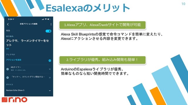 10
Esalexaのメリット
Alexa Skill Blueprintsの感覚で命令コマンドを簡単に変えたり、
Alexaにアクションさせる内容を変更できます。
1.Alexaアプリ、Alexaのwebサイトで開発が可能
2.ライブラリが優秀。組み込み開発も簡単︕
ArduinoのEspalexaライブラリが優秀。
簡単なものなら短い開発時間でできます。
