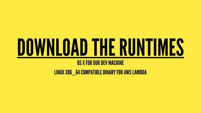 DOWNLOAD THE RUNTIMES
OS X FOR OUR DEV MACHINE
LINUX X86_64 COMPATIBLE BINARY FOR AWS LAMBDA
