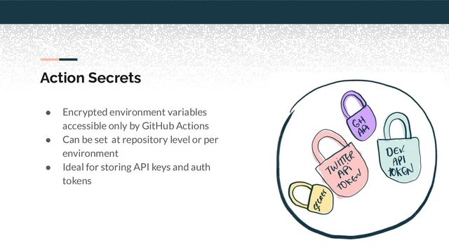 Action Secrets
● Encrypted environment variables
accessible only by GitHub Actions
● Can be set at repository level or per
environment
● Ideal for storing API keys and auth
tokens
