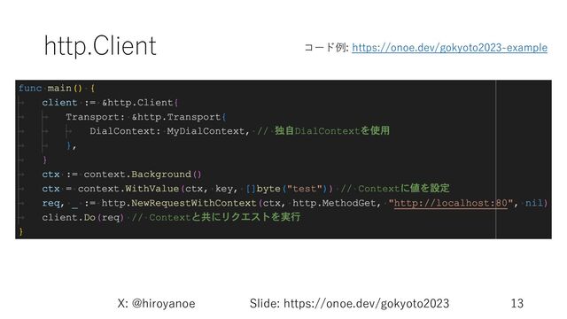 http.Client
X: @hiroyanoe Slide: https://onoe.dev/gokyoto2023 13
コード例: https://onoe.dev/gokyoto2023-example
