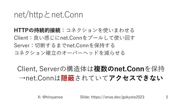 net/httpとnet.Conn
HTTPの持続的接続：コネクションを使いまわせる
Client：良い感じにnet.Connをプールして使い回す
Server：切断するまでnet.Connを保持する
コネクション確⽴のオーバーヘッドを減らせる
Client, Serverの構造体は複数のnet.Connを保持
→net.Connは隠蔽されていてアクセスできない
X: @hiroyanoe Slide: https://onoe.dev/gokyoto2023 5
