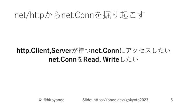 net/httpからnet.Connを掘り起こす
http.Client,Serverが持つnet.Connにアクセスしたい
net.ConnをRead, Writeしたい
X: @hiroyanoe Slide: https://onoe.dev/gokyoto2023 6
