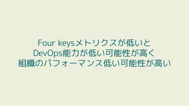 Four keysメトリクスが低いと
DevOps能力が低い可能性が高く
組織のパフォーマンス低い可能性が高い
