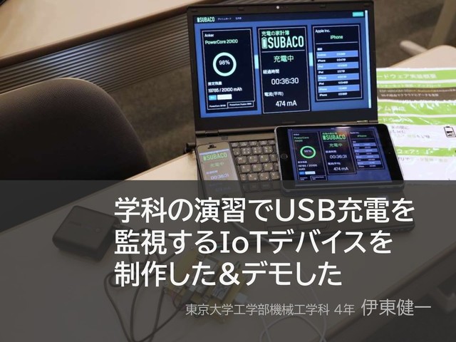 学科の演習でUSB充電を
監視するIoTデバイスを
制作した&デモした
東京大学工学部機械工学科 4年 伊東健一
