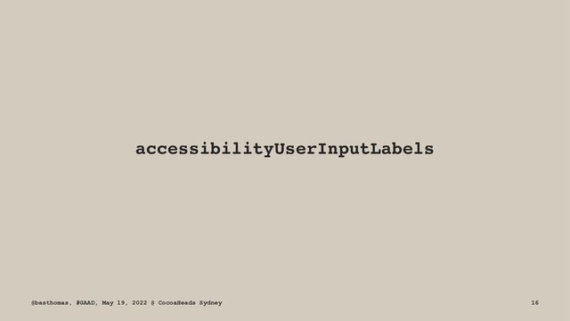 accessibilityUserInputLabels
@basthomas, #GAAD, May 19, 2022 @ CocoaHeads Sydney 16
