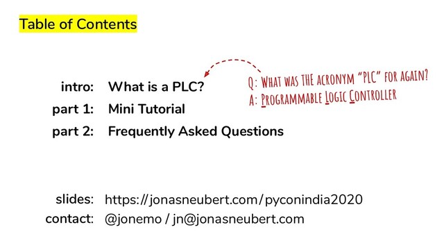 Table of Contents
What is a PLC?
Mini Tutorial
Frequently Asked Questions
https: // jonasneubert.com / pyconindia2020
@jonemo / jn@jonasneubert.com
Q: What was THE acronym “PLC” for again?
A: Programmable Logic Controller
slides:
contact:
intro:
part 1:
part 2:
