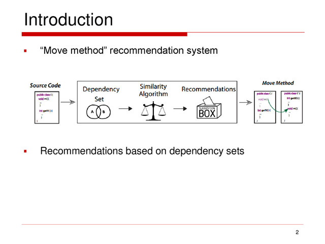 Introduction
 “Move method” recommendation system
 Recommendations based on dependency sets
2

