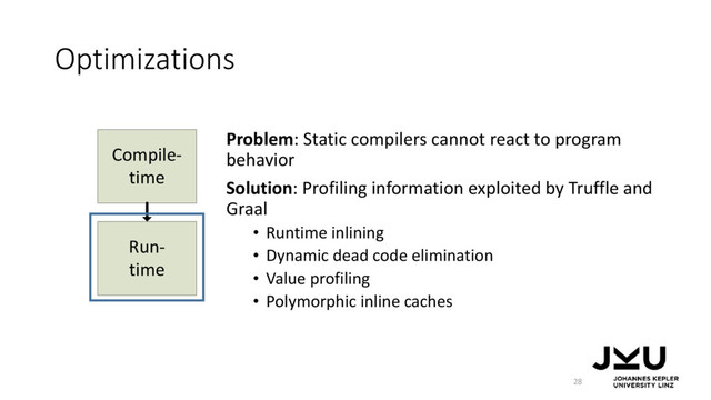 Optimizations
Problem: Static compilers cannot react to program
behavior
Solution: Profiling information exploited by Truffle and
Graal
• Runtime inlining
• Dynamic dead code elimination
• Value profiling
• Polymorphic inline caches
28
Compile-
time
Run-
time
