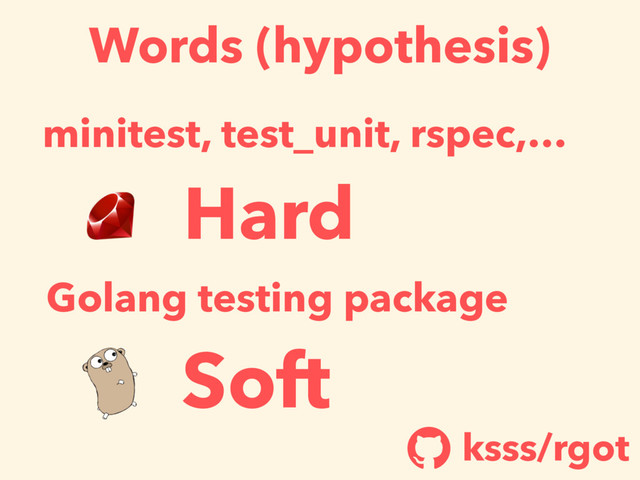Words (hypothesis)
minitest, test_unit, rspec,…
Golang testing package
Hard
Soft
ksss/rgot
!
