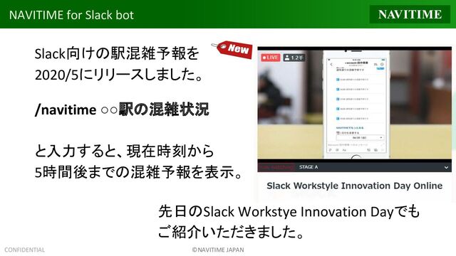 CONFIDENTIAL ©NAVITIME JAPAN
NAVITIME for Slack bot
Slack向けの駅混雑予報を
2020/5にリリースしました。
/navitime ○○駅の混雑状況　
と入力すると、現在時刻から
5時間後までの混雑予報を表示。
先日のSlack Workstye Innovation Dayでも
ご紹介いただきました。
