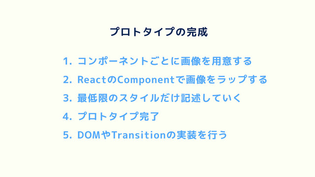 1. コンポーネントごとに画像を用意する
2. ReactのComponentで画像をラップする
3. 最低限のスタイルだけ記述していく
4. プロトタイプ完了
5. DOMやTransitionの実装を行う
プロトタイプの完成
