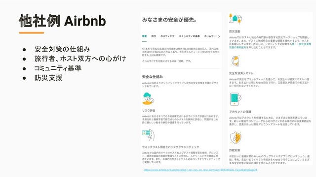 他社例 Airbnb
● 安全対策の仕組み
● 旅行者、ホスト双方への心がけ
● コミュニティ基準
● 防災支援
https://www.airbnb.jp/trust/traveling?_set_bev_on_new_domain=1601348206_FGyjX8q4wj3ugI7d
