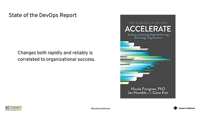 @systemcraftsman
State of the DevOps Report
Changes both rapidly and reliably is
correlated to organizational success.
