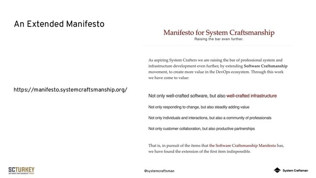 @systemcraftsman
An Extended Manifesto
https://manifesto.systemcraftsmanship.org/
