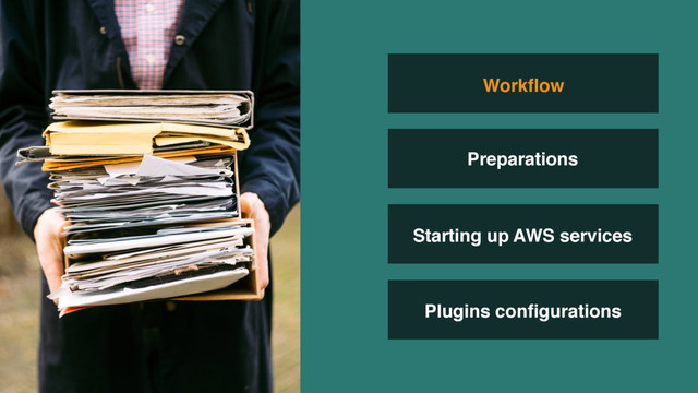 Starting up AWS services
Plugins conﬁgurations
Workﬂow
Preparations
