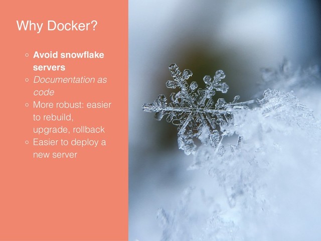 Why Docker?
Avoid snowﬂake
servers
Documentation as
code
More robust: easier
to rebuild,
upgrade, rollback
Easier to deploy a
new server
