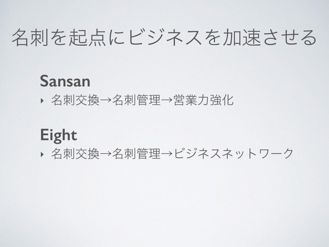 ໊ࢗΛى఺ʹϏδωεΛՃ଎ͤ͞Δ
Sansan
‣ ໊ࢗަ׵ˠ໊ࢗ؅ཧˠӦۀྗڧԽ
Eight
‣ ໊ࢗަ׵ˠ໊ࢗ؅ཧˠϏδωεωοτϫʔΫ

