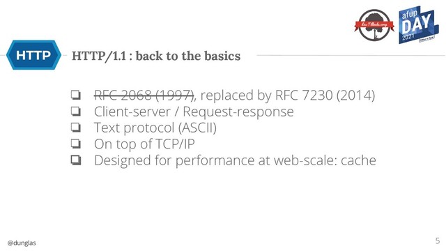 @dunglas
HTTP/1.1 : back to the basics
❏ RFC 2068 (1997), replaced by RFC 7230 (2014)
❏ Client-server / Request-response
❏ Text protocol (ASCII)
❏ On top of TCP/IP
❏ Designed for performance at web-scale: cache
5
