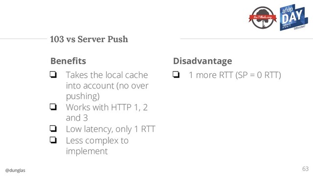 @dunglas
103 vs Server Push
Beneﬁts
❏ Takes the local cache
into account (no over
pushing)
❏ Works with HTTP 1, 2
and 3
❏ Low latency, only 1 RTT
❏ Less complex to
implement
Disadvantage
❏ 1 more RTT (SP = 0 RTT)
63
