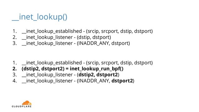 __inet_lookup()
1. __inet_lookup_established - (srcip, srcport, dstip, dstport)
2. __inet_lookup_listener - (dstip, dstport)
3. __inet_lookup_listener - (INADDR_ANY, dstport)
1. __inet_lookup_established - (srcip, srcport, dstip, dstport)
2. (dstip2, dstport2) = inet_lookup_run_bpf()
3. __inet_lookup_listener - (dstip2, dstport2)
4. __inet_lookup_listener - (INADDR_ANY, dstport2)
