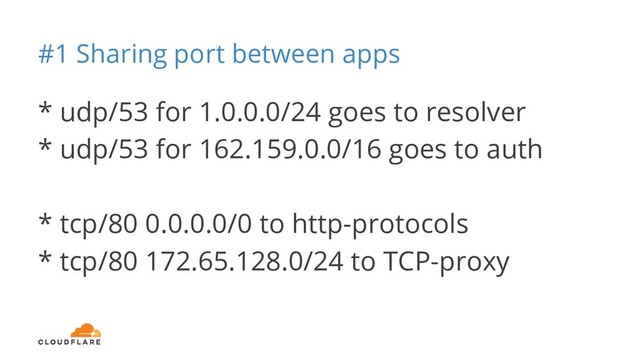#1 Sharing port between apps
* udp/53 for 1.0.0.0/24 goes to resolver
* udp/53 for 162.159.0.0/16 goes to auth
* tcp/80 0.0.0.0/0 to http-protocols
* tcp/80 172.65.128.0/24 to TCP-proxy
