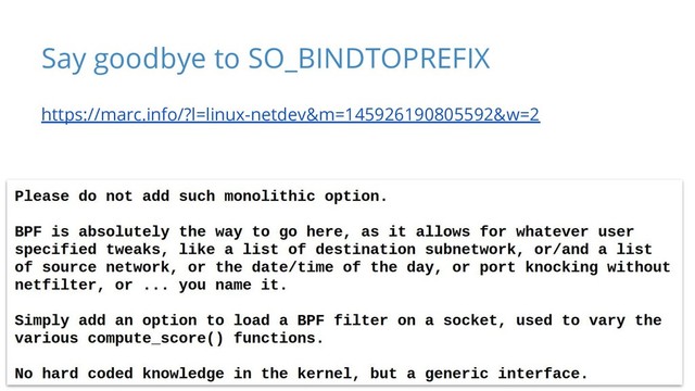 Say goodbye to SO_BINDTOPREFIX
https://marc.info/?l=linux-netdev&m=145926190805592&w=2
