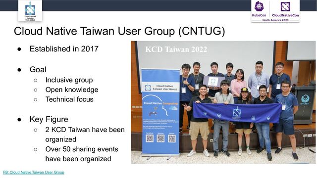 Cloud Native Taiwan User Group (CNTUG)
● Established in 2017
● Goal
○ Inclusive group
○ Open knowledge
○ Technical focus
● Key Figure
○ 2 KCD Taiwan have been
organized
○ Over 50 sharing events
have been organized
FB: Cloud Native Taiwan User Group
KCD Taiwan 2022
