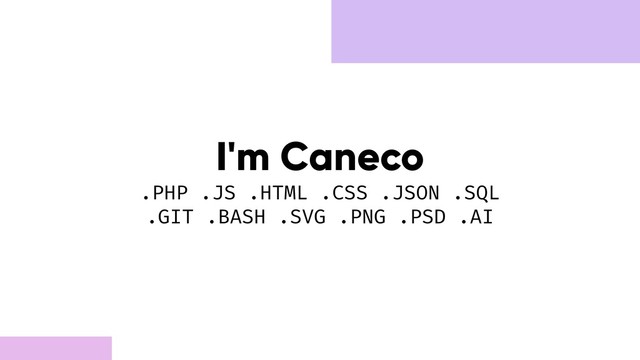 I'm Caneco
.PHP .JS .HTML .CSS .JSON .SQL
.GIT .BASH .SVG .PNG .PSD .AI
