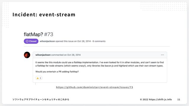 © 2022 https://shift-js.info
ソフトウェアサプライチェーンセキュリティのこれから 11
Incident: event-stream
https://github.com/dominictarr/event-stream/issues/73
