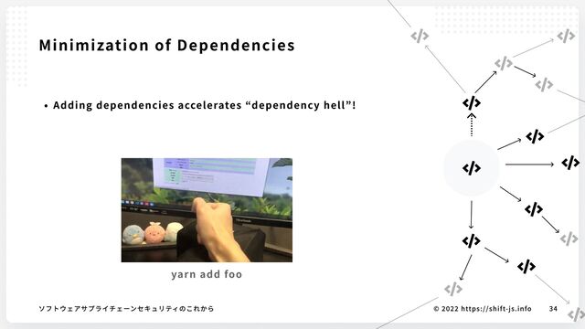 © 2022 https://shift-js.info
ソフトウェアサプライチェーンセキュリティのこれから 34
Minimization of Dependencies







Adding dependencies accelerates “dependency hell”!
yarn add foo
