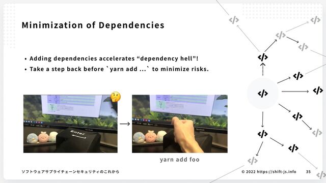 © 2022 https://shift-js.info
ソフトウェアサプライチェーンセキュリティのこれから 35
Minimization of Dependencies
yarn add foo







Adding dependencies accelerates “dependency hell”
Take a step back before `yarn add ...` to minimize risks.

