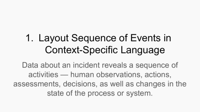 1. Layout Sequence of Events in
Context-Specific Language
Data about an incident reveals a sequence of
activities — human observations, actions,
assessments, decisions, as well as changes in the
state of the process or system.
