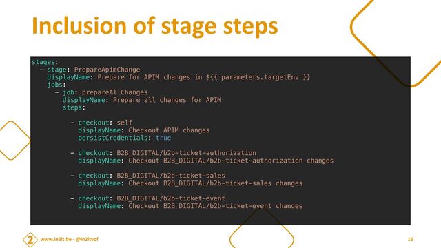www.in2it.be - @in2itvof
Inclusion of stage steps
stages:


- stage: PrepareApimChange


displayName: Prepare for APIM changes in ${{ parameters.targetEnv }}


jobs:


- job: prepareAllChanges


displayName: Prepare all changes for APIM


steps:


- checkout: self


displayName: Checkout APIM changes


persistCredentials: true


- checkout: B2B_DIGITAL/b2b-ticket-authorization


displayName: Checkout B2B_DIGITAL/b2b-ticket-authorization changes




- checkout: B2B_DIGITAL/b2b-ticket-sales


displayName: Checkout B2B_DIGITAL/b2b-ticket-sales changes


- checkout: B2B_DIGITAL/b2b-ticket-event


displayName: Checkout B2B_DIGITAL/b2b-ticket-event changes


16

