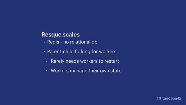 @titanoboa42
• Redis - no relational db
• Parent-child forking for workers
• Rarely needs workers to restart
• Workers manage their own state
Resque scales
