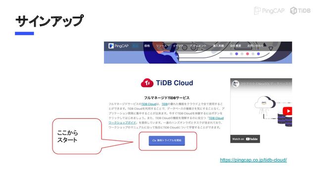 サインアップ
https://pingcap.co.jp/tidb-cloud/
ここから
スタート
