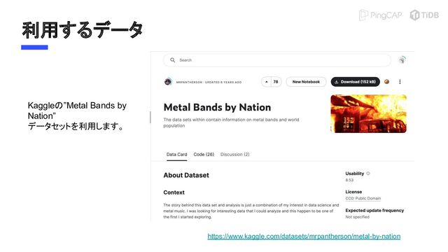 利用するデータ
https://www.kaggle.com/datasets/mrpantherson/metal-by-nation
Kaggleの”Metal Bands by
Nation”
データセットを利用します。
