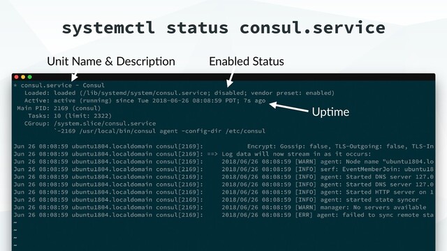 systemctl status consul.service
Unit Name & Descrip9on Enabled Status
Up9me
