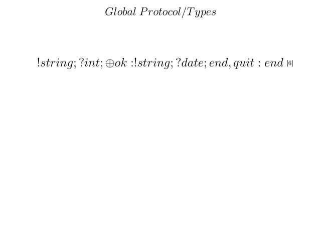 Global Protocol/Types
!
string
; ?
int
;
ok
:!
string
; ?
date
;
end, quit
:
end [6]
