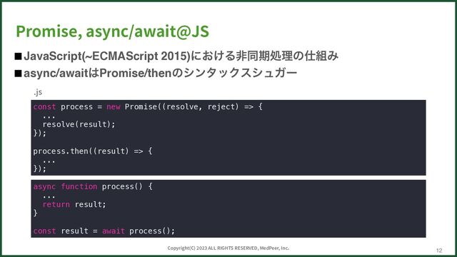12
Promise, async/await@JS
JavaScript(~ECMAScript 2015)ʹ͓͚Δඇಉظॲཧͷ࢓૊Έ
async/await͸Promise/thenͷγϯλοΫεγϡΨʔ
Copyright(C)
2
0
2
3
ALL RIGHTS RESERVED, MedPeer, Inc.
const process = new Promise((resolve, reject) => {


...


resolve(result);


});


process.then((result) => {


...


});
.js
async function process() {


...


return result;


}


const result = await process();
