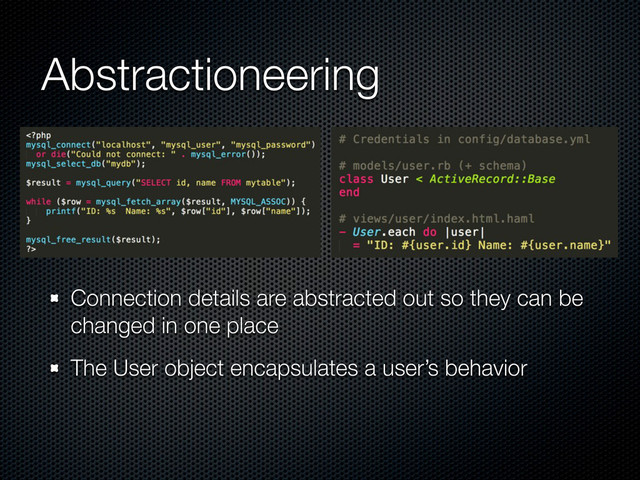 Abstractioneering
Connection details are abstracted out so they can be
changed in one place
The User object encapsulates a user’s behavior
