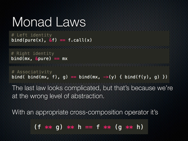 Monad Laws
The last law looks complicated, but that’s because we’re
at the wrong level of abstraction.
With an appropriate cross-composition operator it’s
