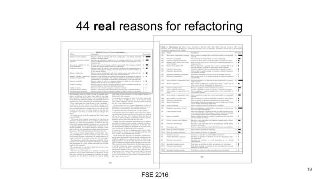 FSE 2016
44 real reasons for refactoring
19
