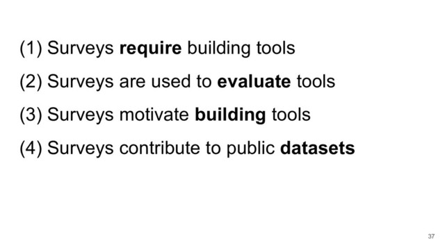 (1) Surveys require building tools
(2) Surveys are used to evaluate tools
(3) Surveys motivate building tools
(4) Surveys contribute to public datasets
37
